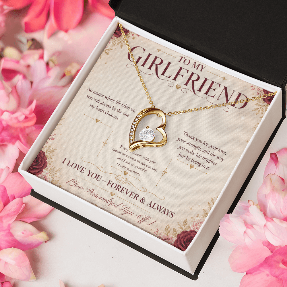 To My Girlfriend necklace gift inside a box with heartfelt message, featuring a sparkling heart design.