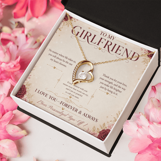 To My Girlfriend necklace gift inside a box with heartfelt message, featuring a sparkling heart design.
