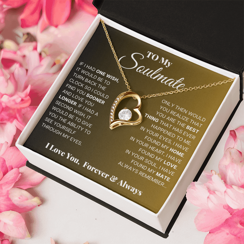 Artisan Soulmate Forever Love Necklace with Romantic Message displayed in a gift box with heartfelt message.