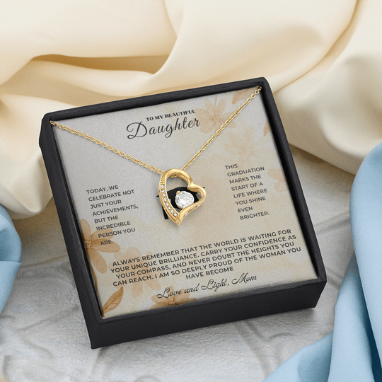 Graduation Gift for Daughter – Graduation Necklace displayed in a gift box with heartfelt message and gold heart design.