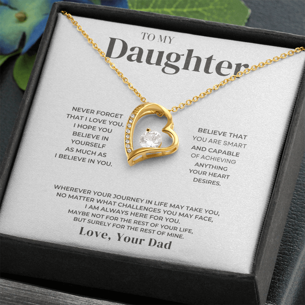 Heart-shaped necklace gift with heartfelt message, meaningful milestone graduation or birthday gift for daughter.