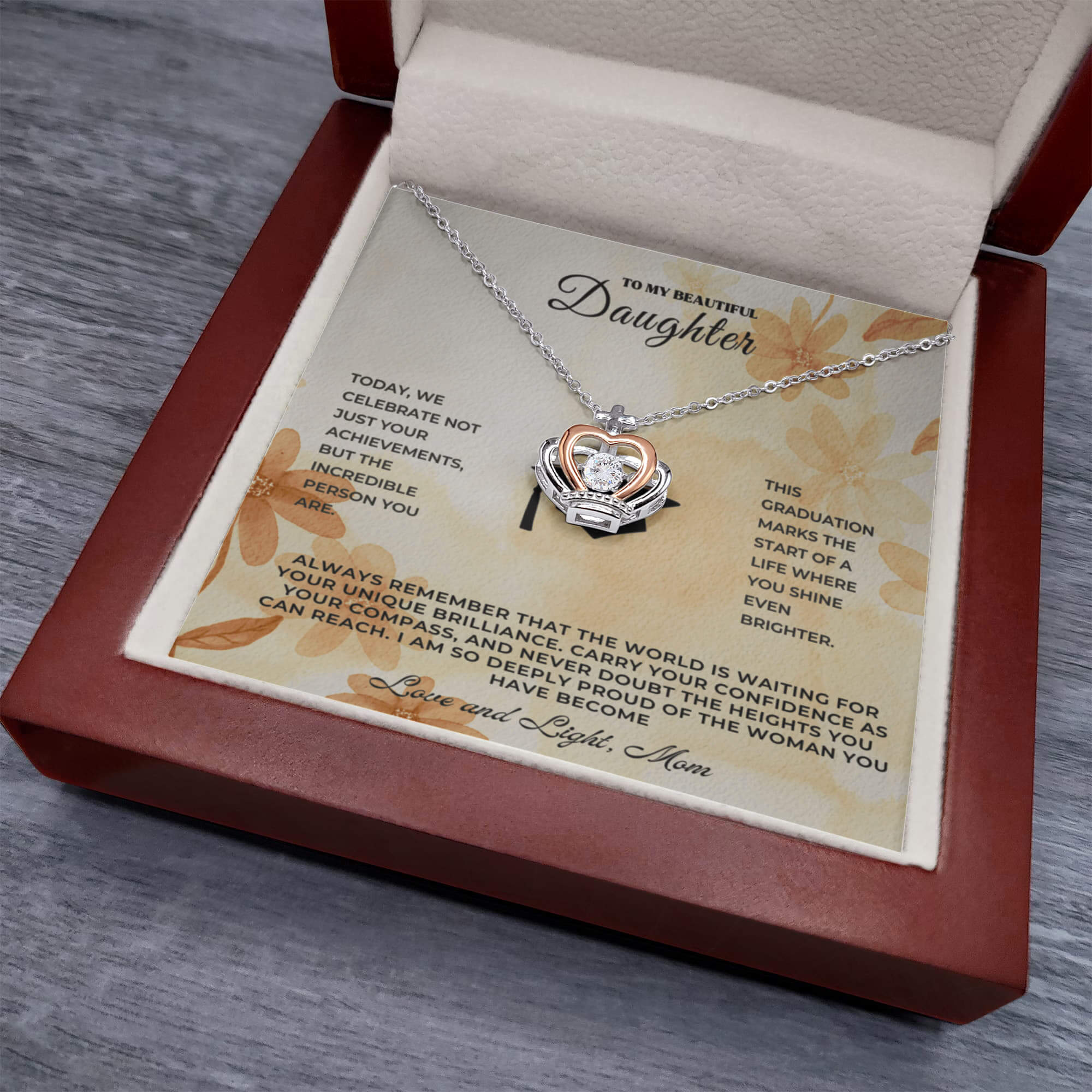 Sentimental keepsake jewelry for daughter in a luxurious presentation box with heartfelt message.