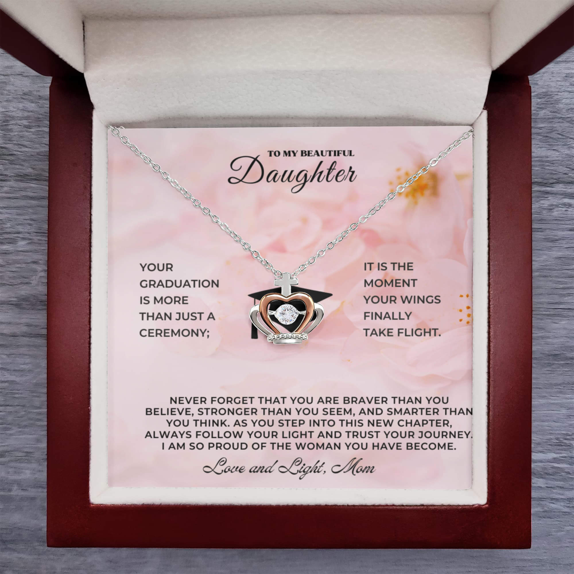 Sentimental keepsake jewelry for daughter featuring a crown pendant necklace in a gift box.
