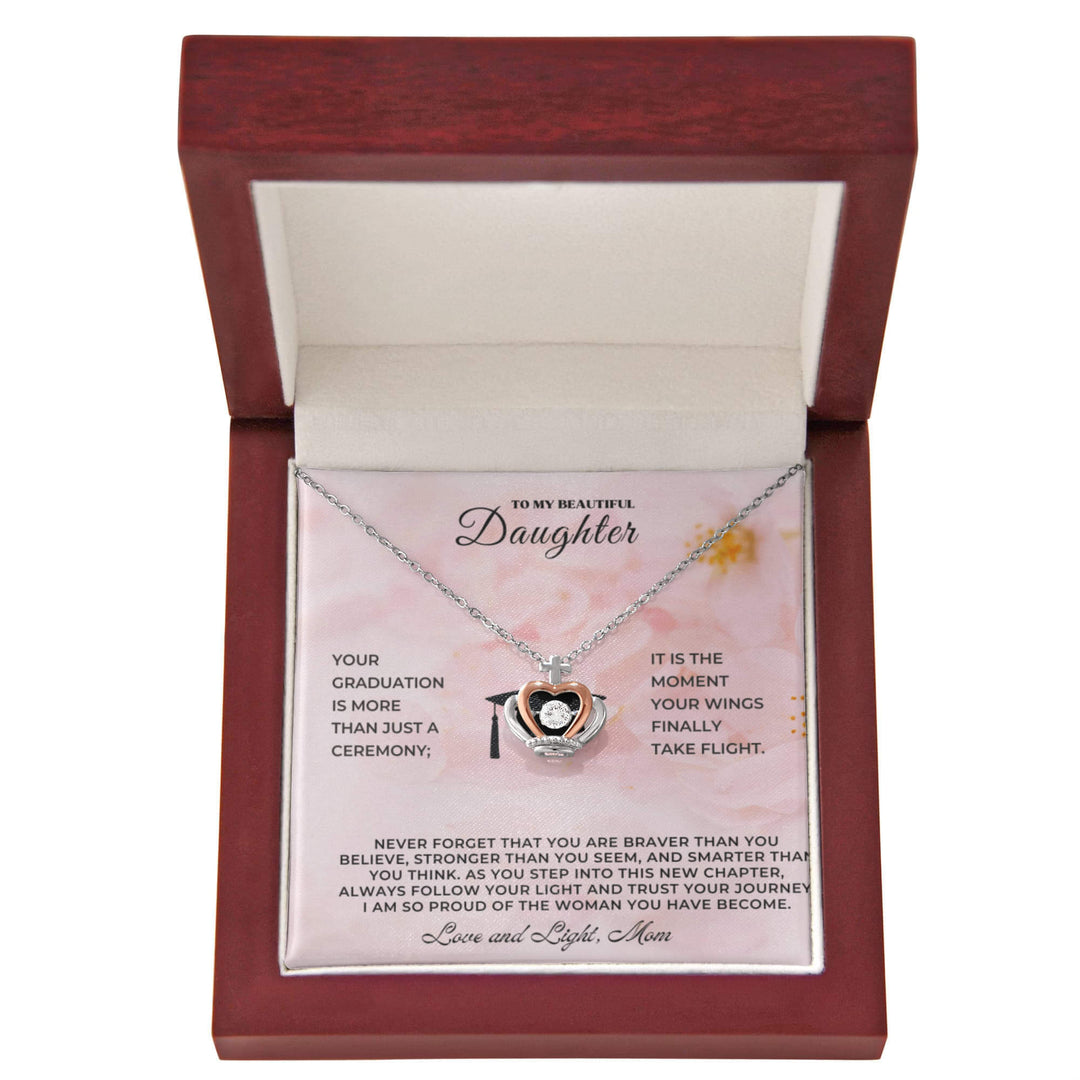 Sentimental keepsake jewelry for daughter displayed in a gift box with heartfelt message for graduation.