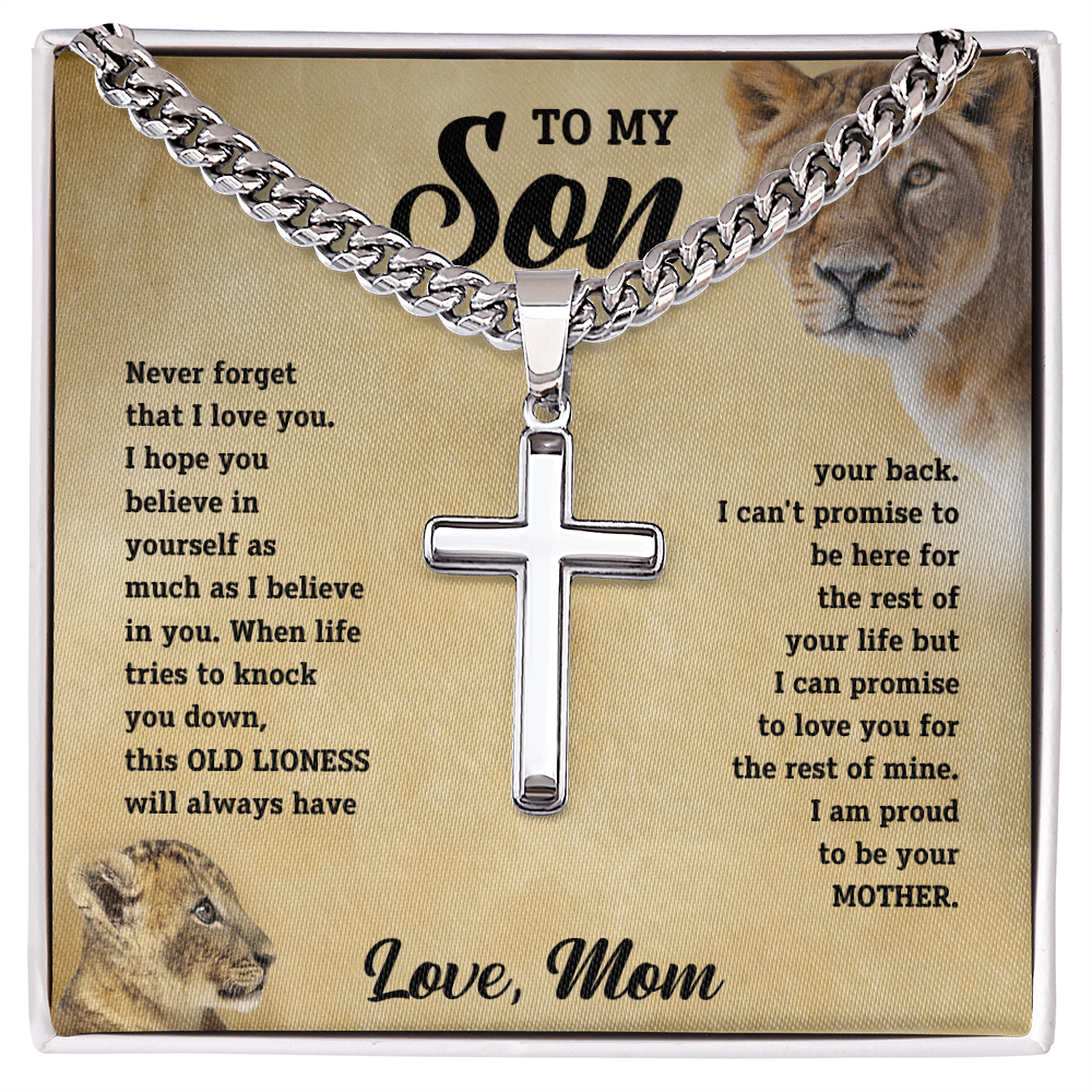 To My Son - Love Mom - Artisan Cross on Cuban Link Chain - Gift Set - STS11