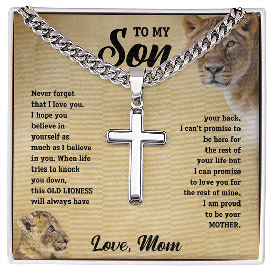 To My Son - Love Mom - Artisan Cross on Cuban Link Chain - Gift Set - STS11