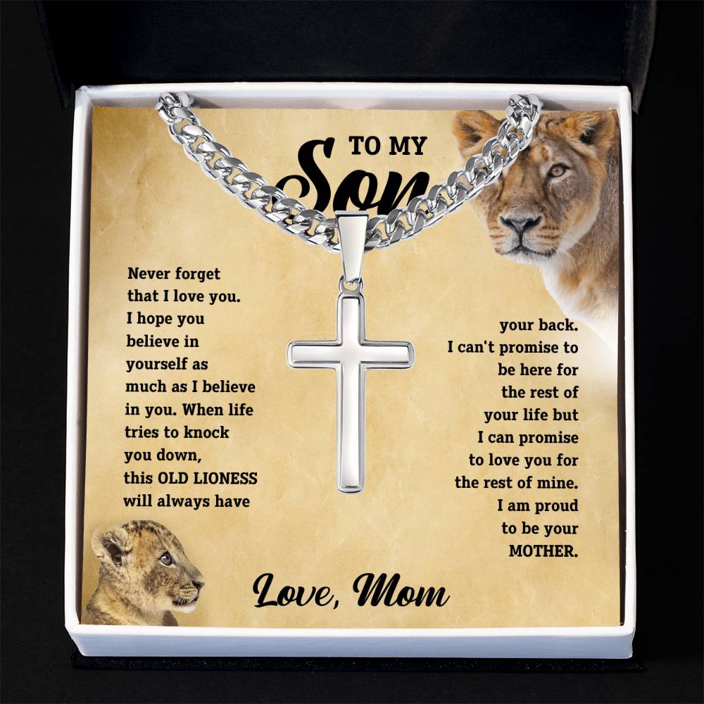 To My Son - Love Mom - Artisan Cross on Cuban Link Chain - Gift Set - STS11