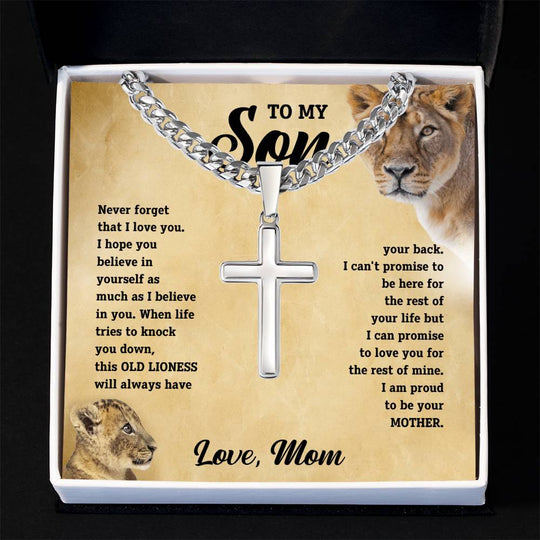 To My Son - Love Mom - Artisan Cross on Cuban Link Chain - Gift Set - STS11