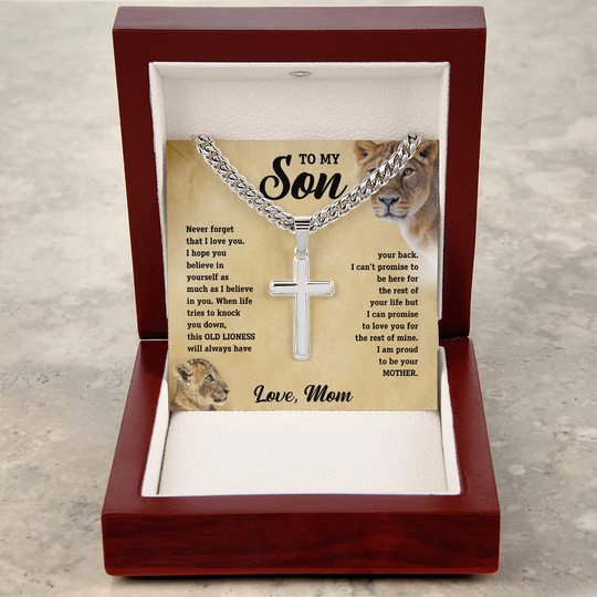 To My Son - Love Mom - Artisan Cross on Cuban Link Chain - Gift Set - STS11