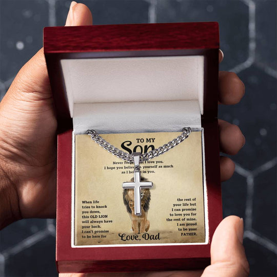 To My Son - Love Dad - Artisan Cross on Cuban Link Chain - Gift Set - STS10 Jewelry ShineOn Fulfillment Luxury Box Polished Stainless Steel