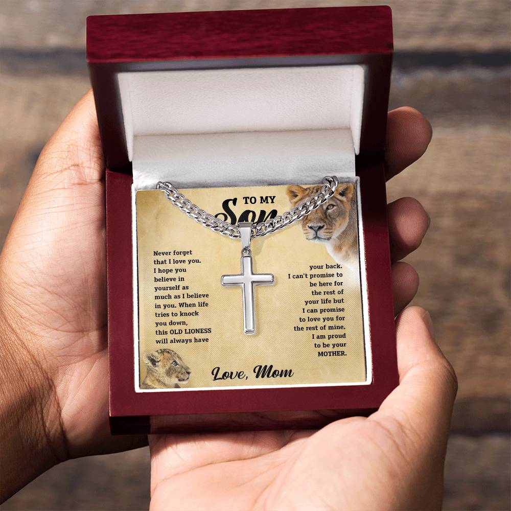 To My Son - Love Mom - Artisan Cross on Cuban Link Chain - Gift Set - STS11