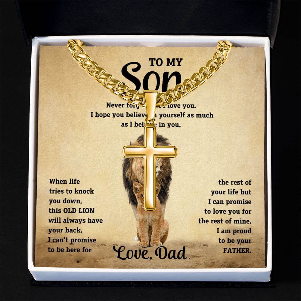 To My Son - Love Dad - Artisan Cross on Cuban Link Chain - Gift Set - STS10 Jewelry ShineOn Fulfillment