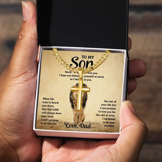 To My Son - Love Dad - Artisan Cross on Cuban Link Chain - Gift Set - STS10 Jewelry ShineOn Fulfillment