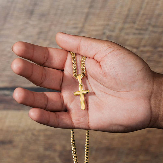 To My Son - Love Dad - Artisan Cross on Cuban Link Chain - Gift Set - STS10 Jewelry ShineOn Fulfillment Standard Box 18K Yellow Gold Finish
