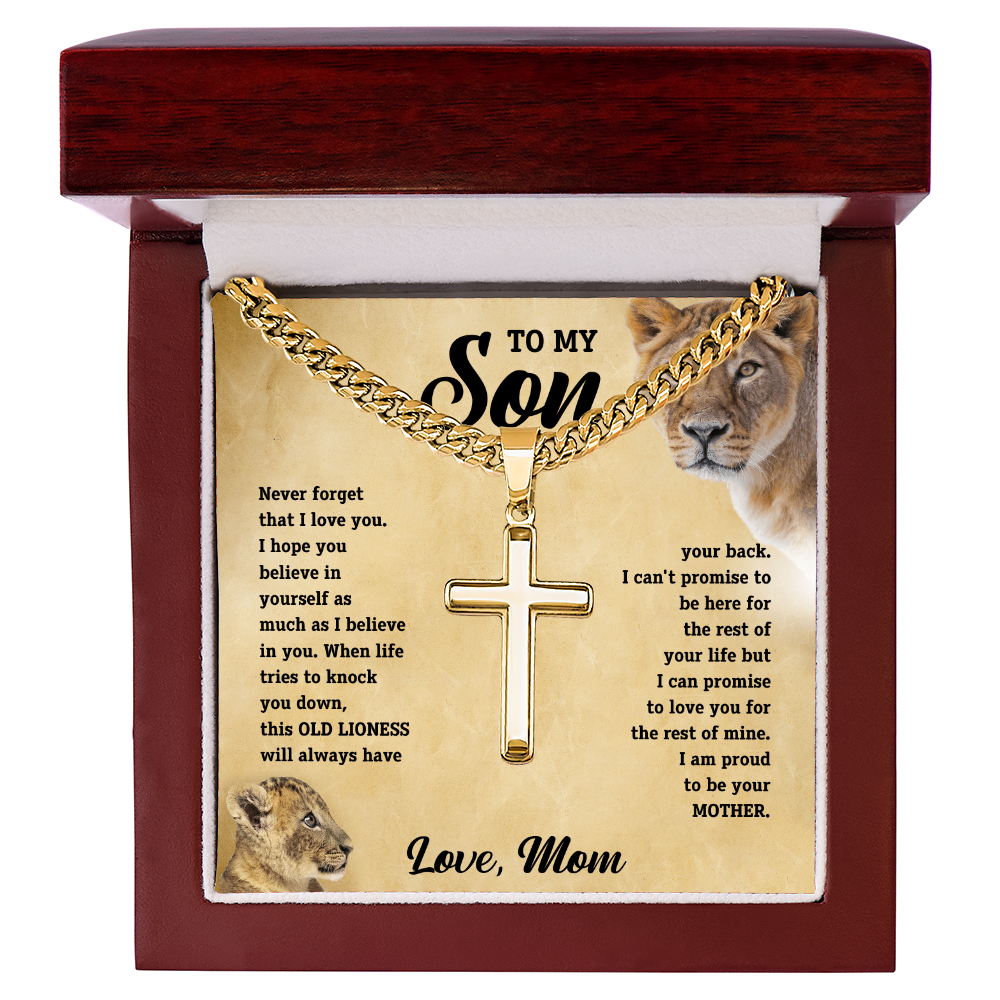 To My Son - Love Mom - Artisan Cross on Cuban Link Chain - Gift Set - STS11