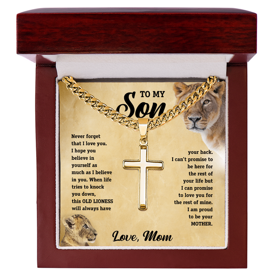 To My Son - Love Mom - Artisan Cross on Cuban Link Chain - Gift Set - STS11