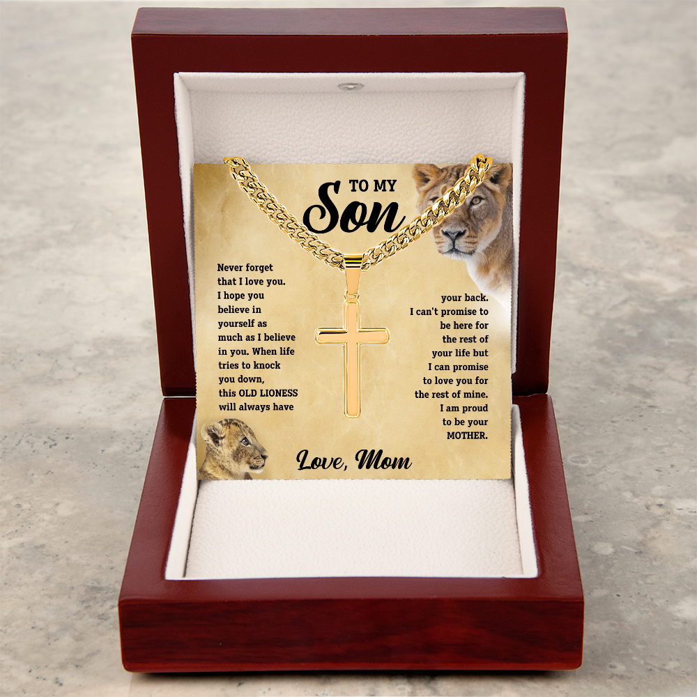 To My Son - Love Mom - Artisan Cross on Cuban Link Chain - Gift Set - STS11