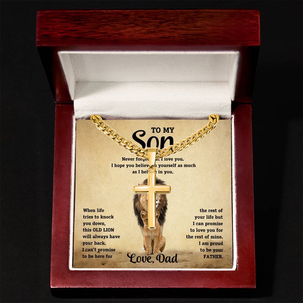 To My Son - Love Dad - Artisan Cross on Cuban Link Chain - Gift Set - STS10 Jewelry ShineOn Fulfillment Luxury Box 18K Yellow Gold Finish