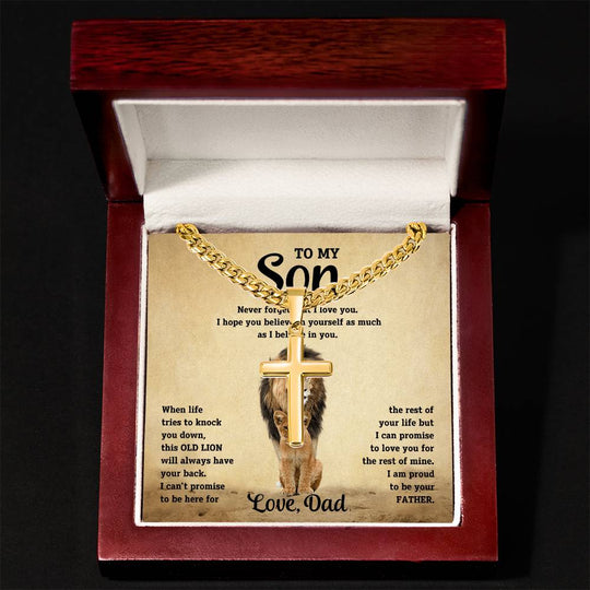 To My Son - Love Dad - Artisan Cross on Cuban Link Chain - Gift Set - STS10 Jewelry ShineOn Fulfillment Luxury Box 18K Yellow Gold Finish