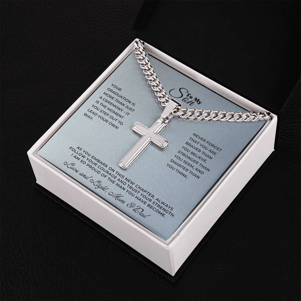 A meaningful milestone gift for loved ones, featuring a silver cross on a Cuban link necklace presented in a gift box.