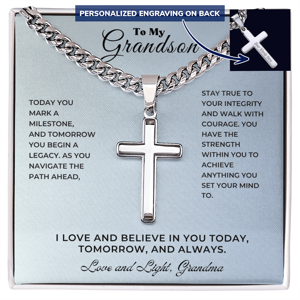 Personalized cross keepsake graduation on display with heartfelt message for grandson. Perfect milestone gift.