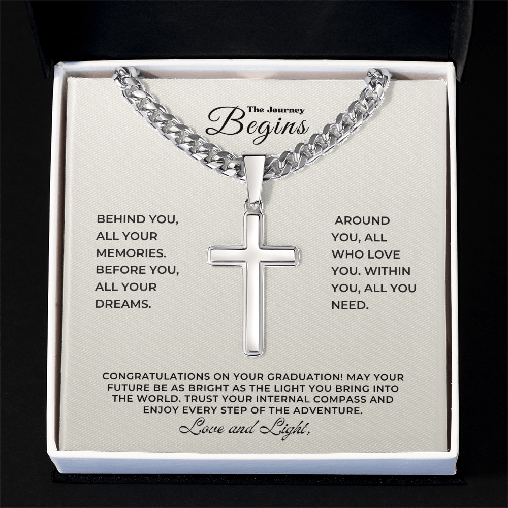 Graduation Gift: Personalized Engravable Cross Necklace on Cuban Chain in elegant box with inspirational message.