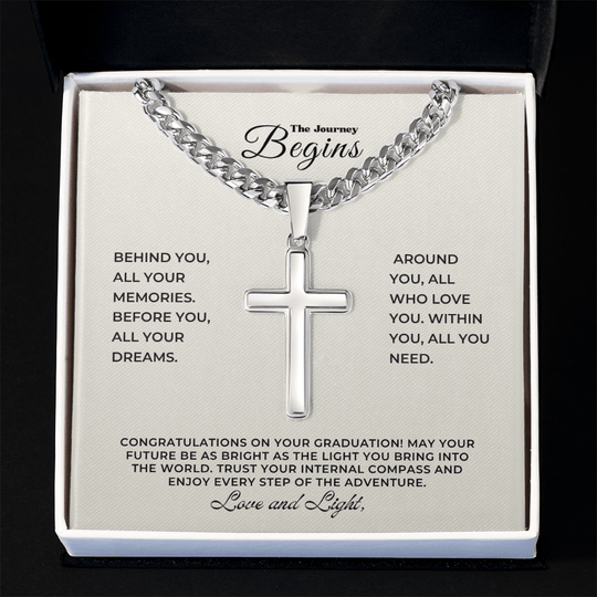 Graduation Gift: Personalized Engravable Cross Necklace on Cuban Chain in elegant box with inspirational message.