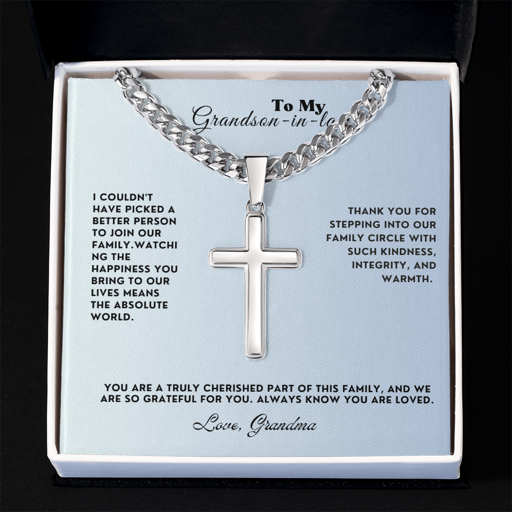 To My Grandson-In-Law Personalized Cross Necklace with Cuban Link Chain