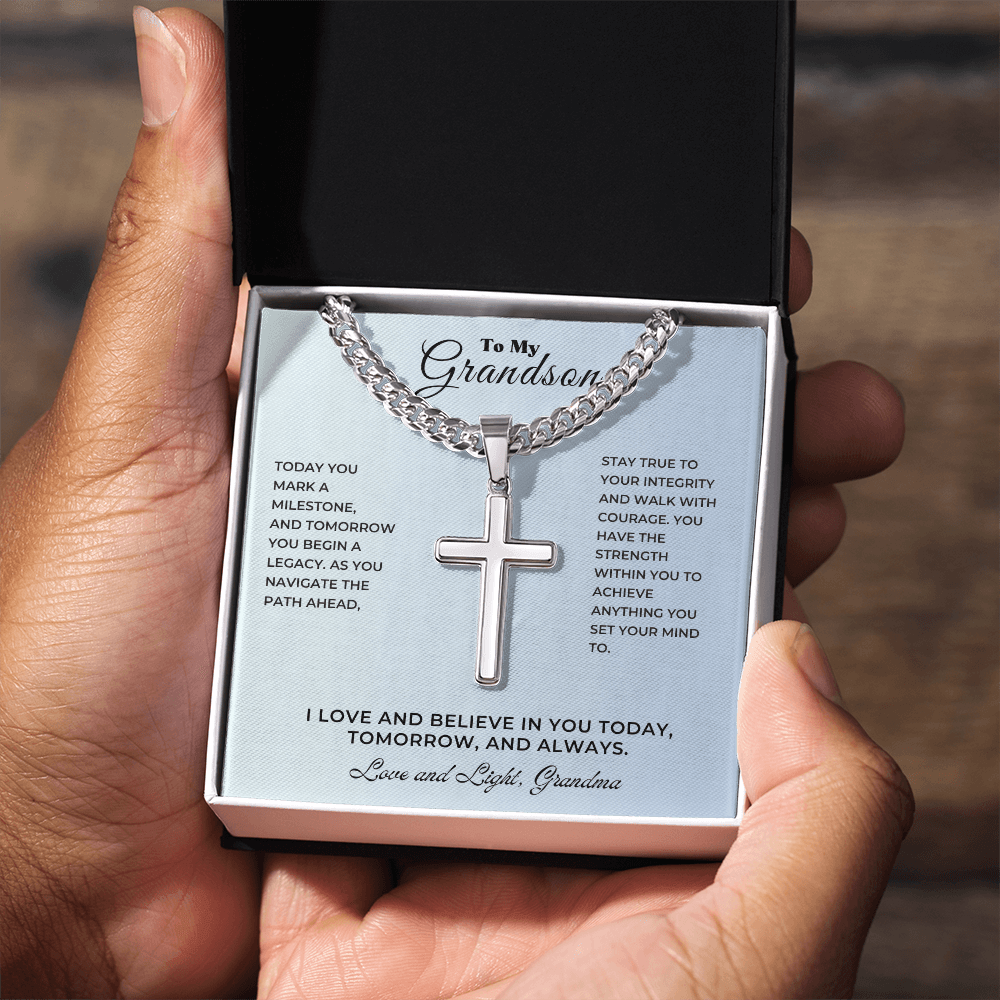 Personalized cross keepsake graduation in a gift box, symbolizing love and support for grandson on his milestone.
