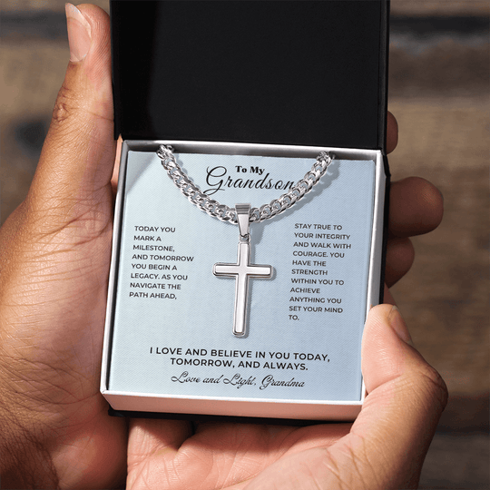 Personalized cross keepsake graduation in a gift box, symbolizing love and support for grandson on his milestone.