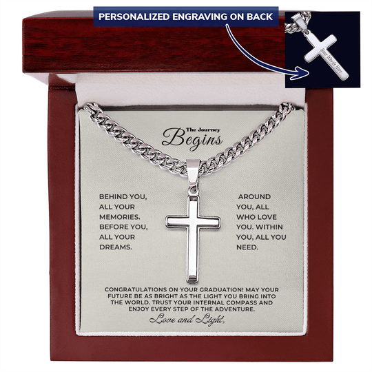 Graduation Gift: Personalized Engravable Cross Necklace with Cuban Chain in gift box, featuring heartfelt message.