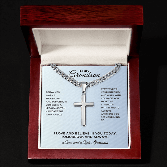 Personalized cross keepsake graduation displayed in a keepsake box with heartfelt message for grandson.