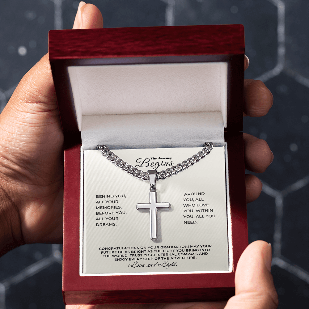 Graduation Gift: Personalized Engravable Cross Necklace in a gift box with a Cuban Chain and heartfelt message.