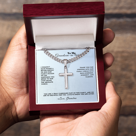 To My Grandson-In-Law Personalized Cross Necklace with Cuban Link Chain