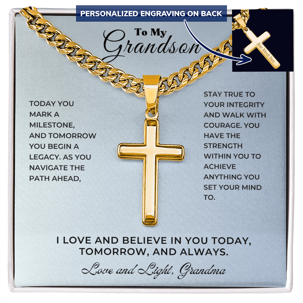 To My Grandson personalized cross keepsake graduation in gift box symbolizing love and support for his journey.