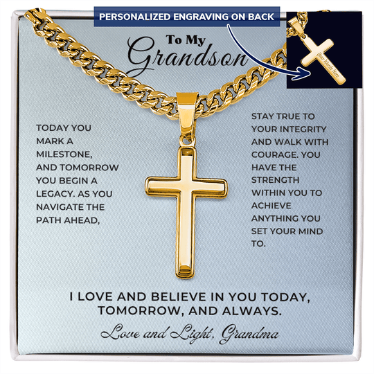 To My Grandson personalized cross keepsake graduation in gift box symbolizing love and support for his journey.