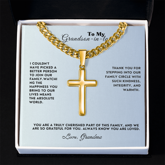 To My Grandson-In-Law Personalized Cross Necklace with Cuban Link Chain