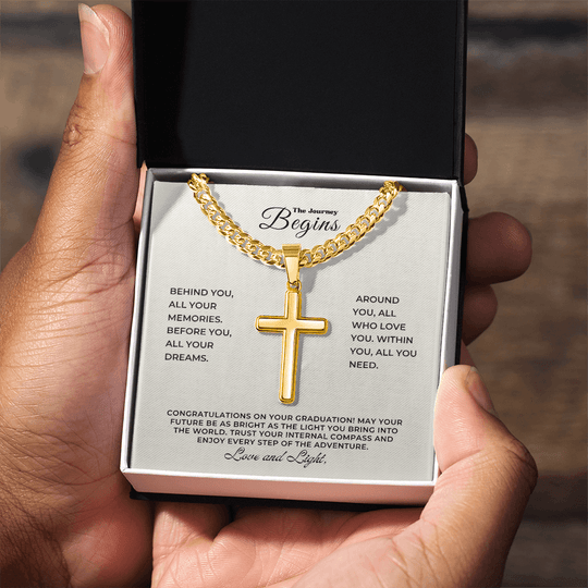 Graduation Gift: Personalized Engravable Cross Necklace with Cuban Chain in elegant gift box.