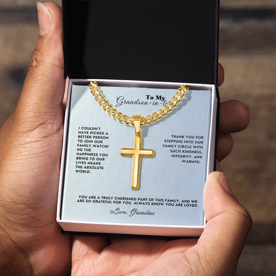 To My Grandson-In-Law Personalized Cross Necklace with Cuban Link Chain