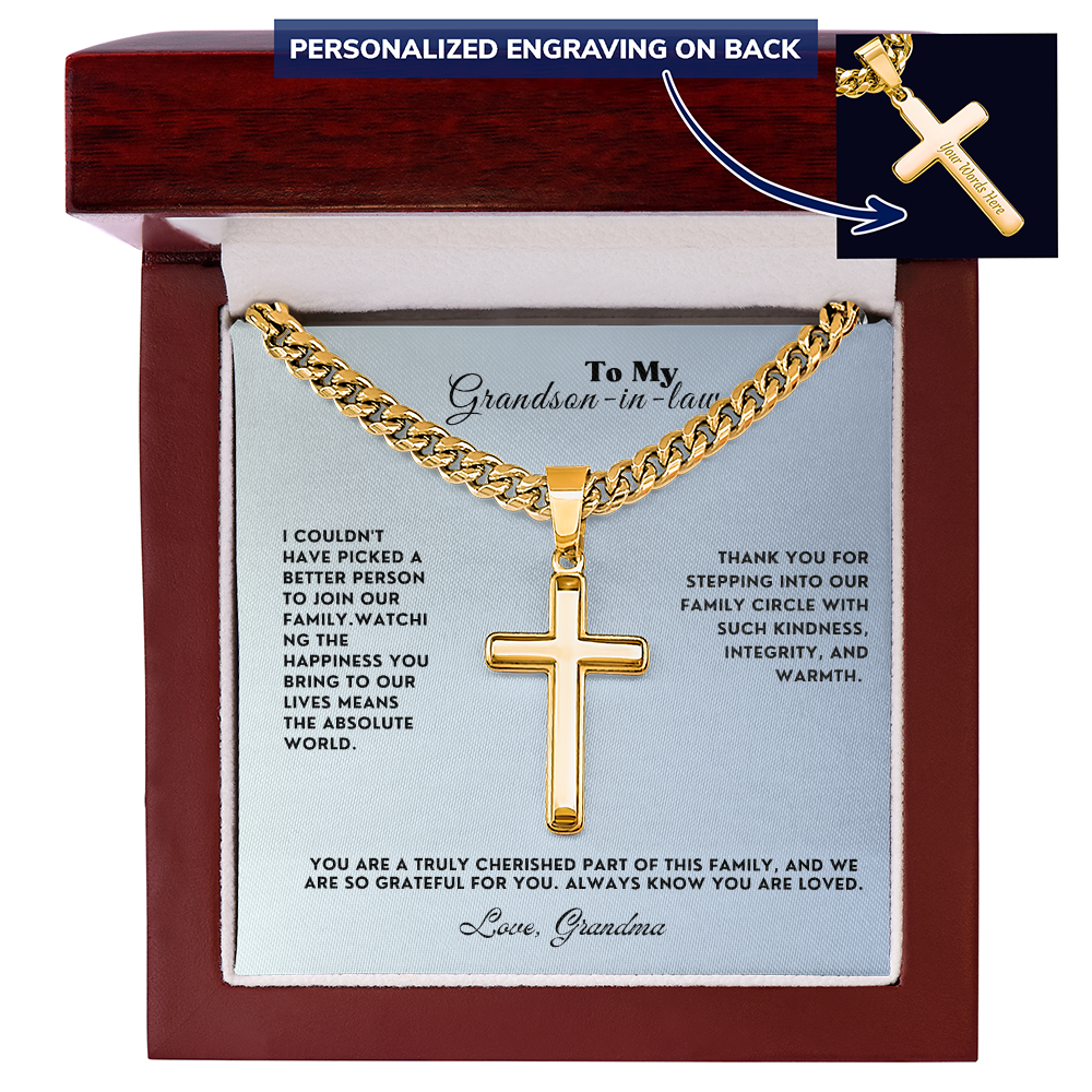 To My Grandson-In-Law Personalized Cross Necklace with Cuban Link Chain