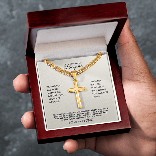 Graduation Gift featuring a personalized engravable cross necklace with Cuban chain in elegant box.