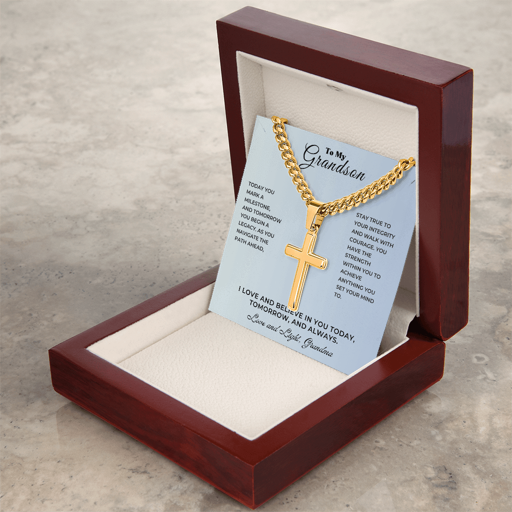 To My Grandson personalized cross keepsake graduation necklace in elegant box with heartfelt message.