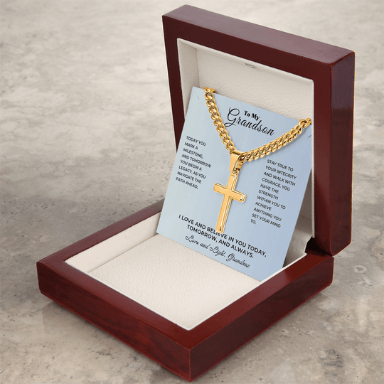 To My Grandson personalized cross keepsake graduation necklace in elegant box with heartfelt message.