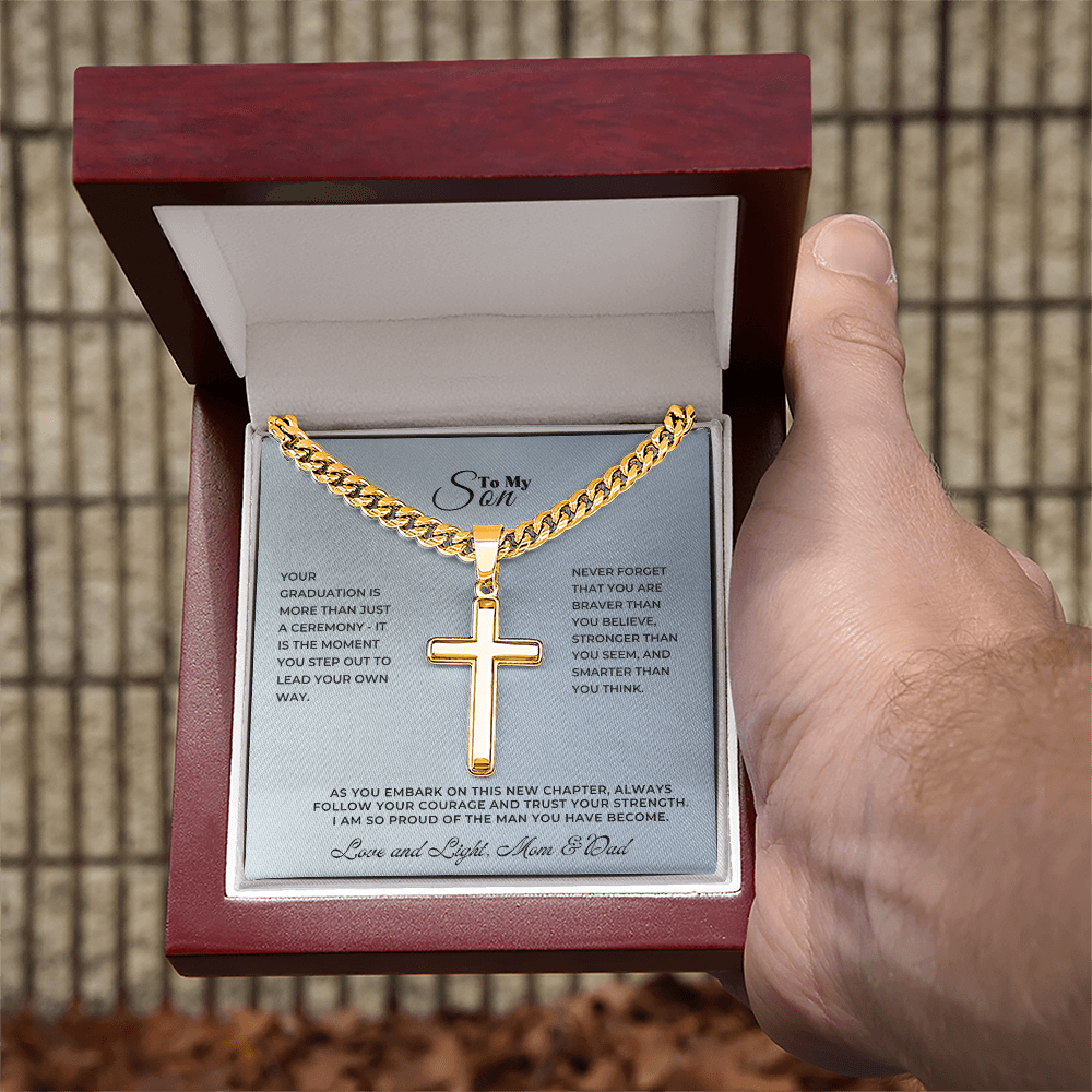 A heartfelt meaningful milestone gift for loved ones, featuring a gold cross necklace in a presentation box.