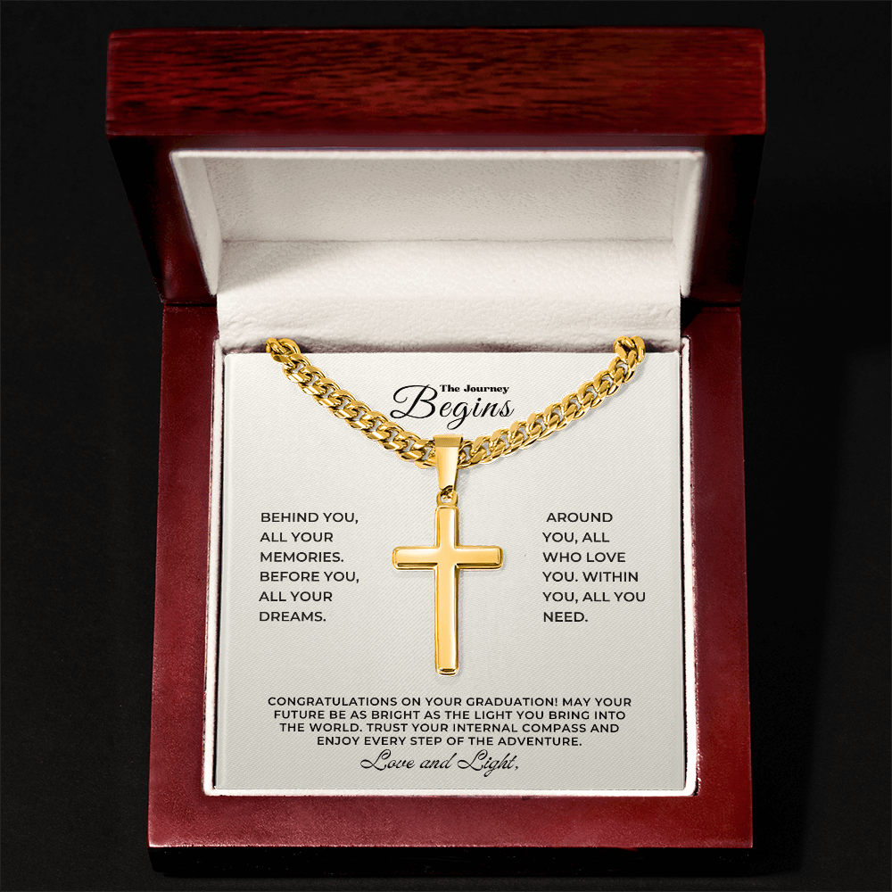 Graduation Gift: Personalized Engravable Cross Necklace with Cuban Chain in a gift box.