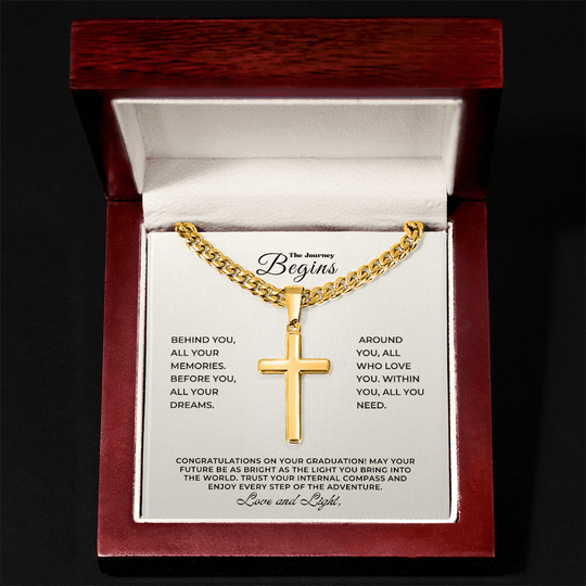 Graduation Gift: Personalized Engravable Cross Necklace with Cuban Chain in a gift box.