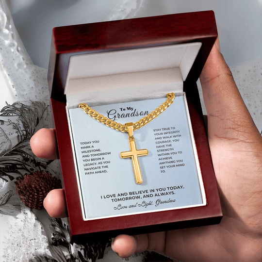 Personalized cross keepsake graduation in gift box for grandson with heartfelt message.