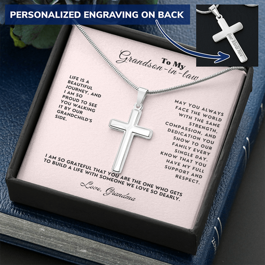 To My Grandson-In-Law Personalized Engraved Cross Necklace Gift Set