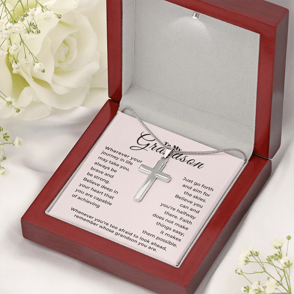 To My Grandson "Brave & Strong" stainless steel cross necklace inside a gift box, meaningful grandson gift for graduation or birthday.