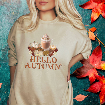 Hello Autumn Jumper | Pumpkin Spice Latte Leaves Sweatshirt - Fall Fashion Sweatshirt   